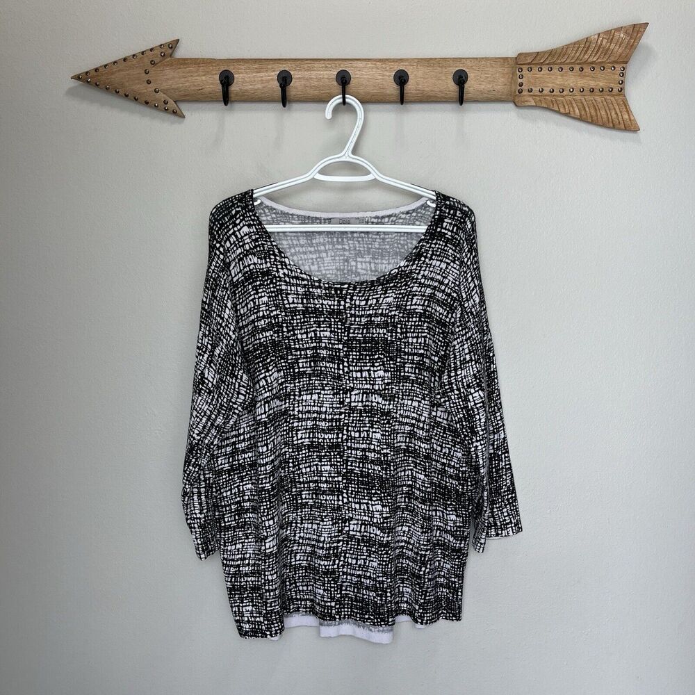 Dalia | Black & White Abstract Scoop Neck Top Long Sleeve Size XL